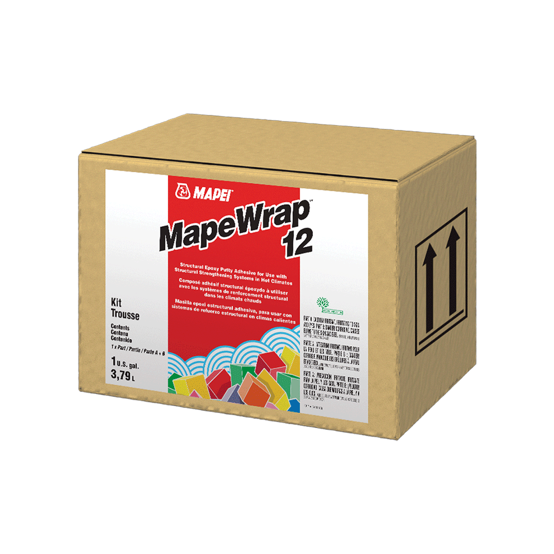 Mapei MapeWrap 12 – two-component structural epoxy putty adhesive for warm climates, used with Carboplate, MapeWrap fabrics, and Maperod C laminates.