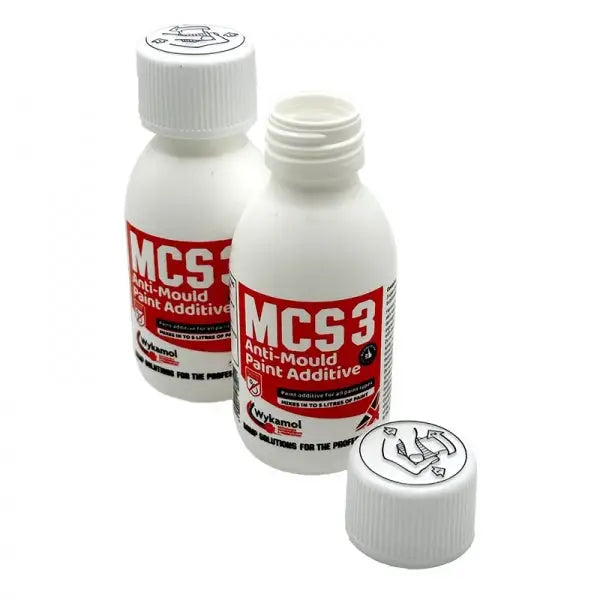 White plastic bottles labeled MCS3 with child-resistant caps for Fungicidal Additive