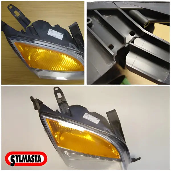 Amber Automotive Headlight Assembly with Black Housing and Mounting Brackets for Repair