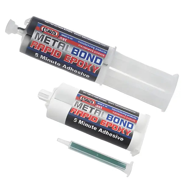Metal Bond Rapid 5 Minute Epoxy Adhesive in dual-syringe applicators for bonding metals