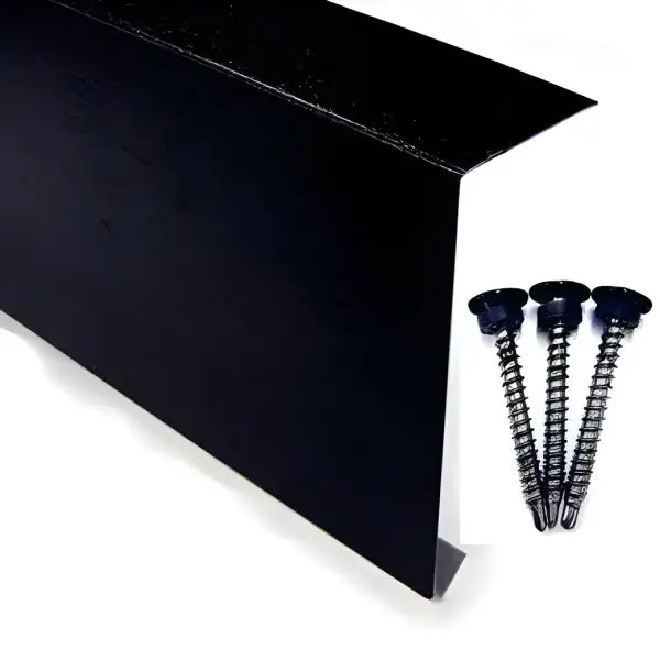 Black metal flashing with screws featured in Metal Edge Trim Black Plastisol product