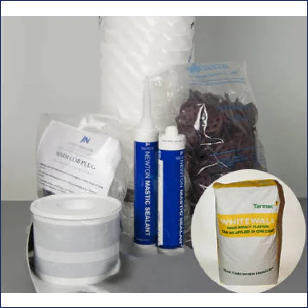 Newton Damp Proofing Packs contain one roll of meshed membrane and all the accessories required for standard installation: fixing plugs, mastic and tape. By purchasing a pack, you save 5% on the cost of buying the products individually!