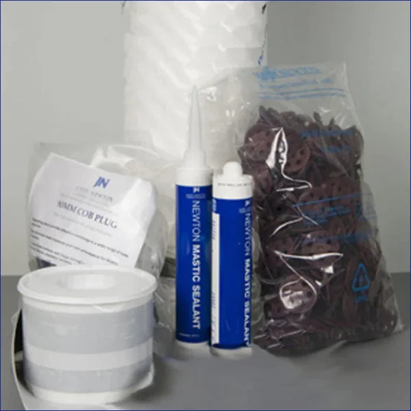 Newton Damp Proofing Packs contain one roll of meshed membrane and all the accessories required for standard installation: fixing plugs, mastic and tape.
