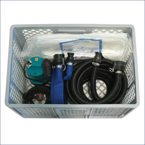 A Dehydro Flood Protection Kit is an emergency pumping kit which has a powerful pump and discharge hoses for defending a property from flooding, designed to pump water levels down to 3mm.