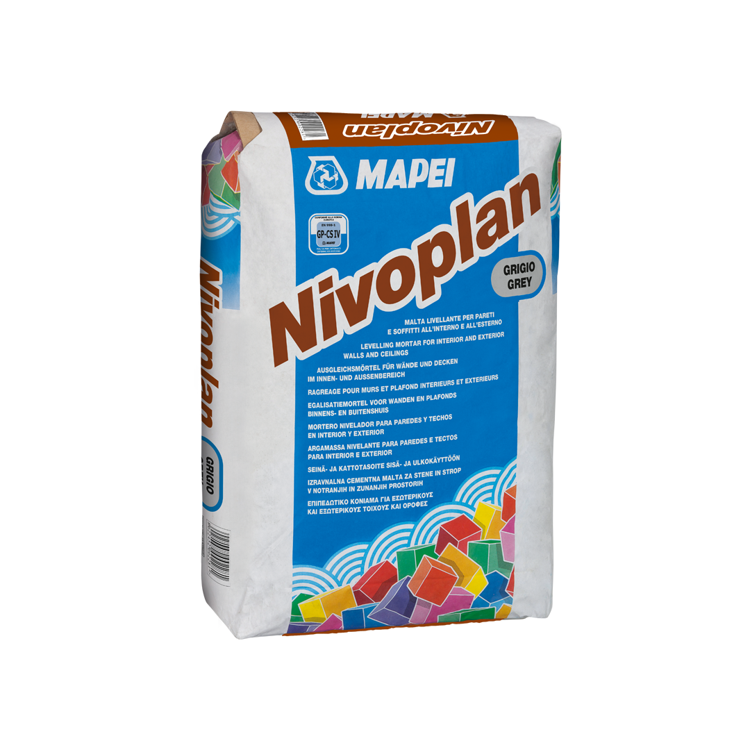 "Nivoplan smoothing mortar for levelling internal and external walls and ceilings before tiling or painting."