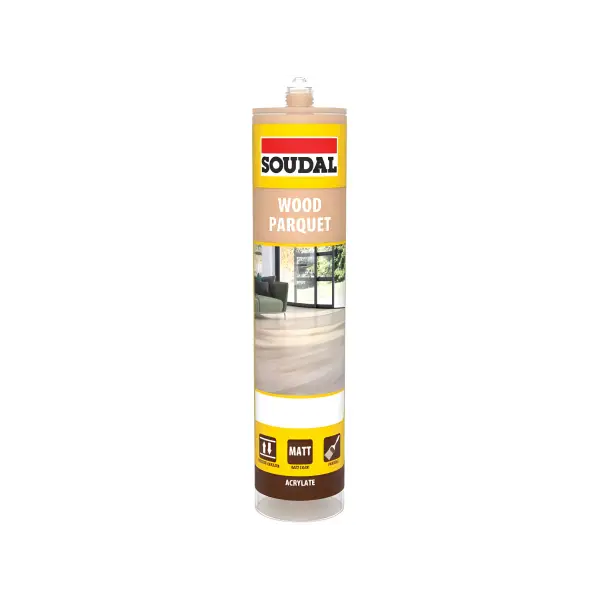 Soudal wood parquet sealant cartridge in yellow packaging for PARQUET & TIMBER SEALANT