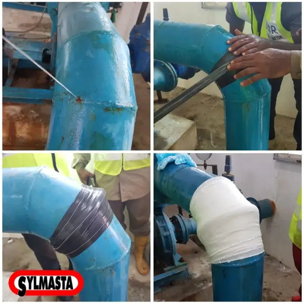 Blue PVC pipe elbow joint repair with tape and sealant in Pipe Repair Contractor Case