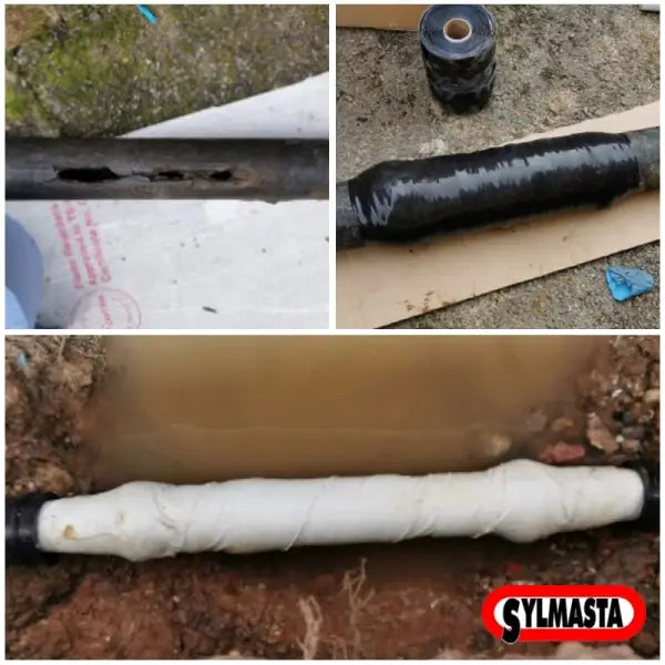 Cylindrical pipe wrapped in black and white material for effective repairs