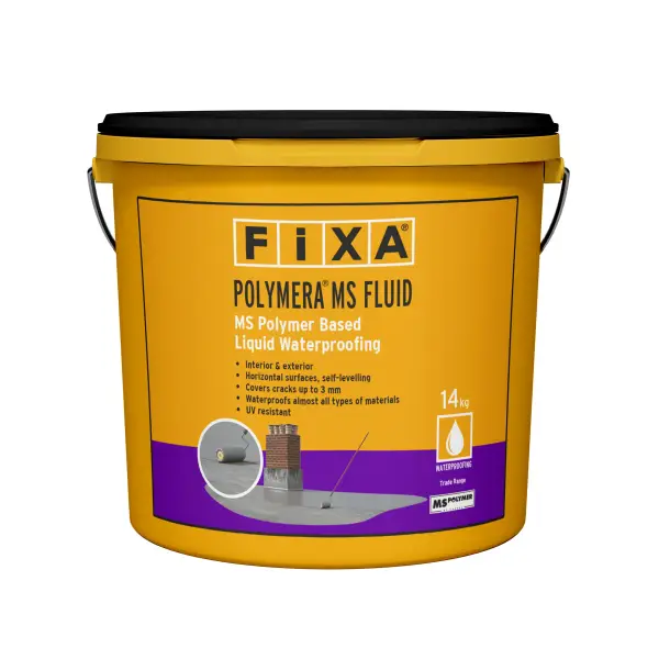 Yellow bucket of Fixa Polymera MS Fluid waterproofing compound for Polymera MS Polymer