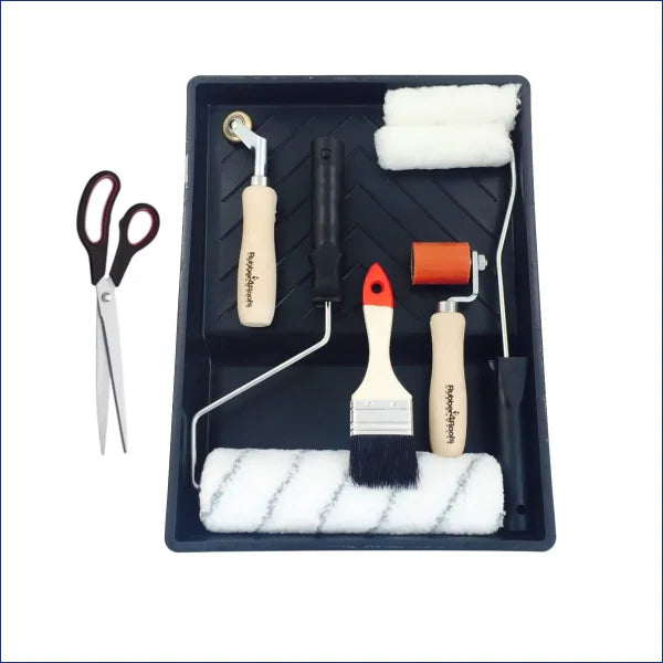 This Tool Kit has been put together with the Professional Installer in mind and is designed to be used with our One Piece System.  Included In Kit:  Silicon Seam Roller Penny Roller Roller Set Mini Roller Harris Scissors Paint Brush