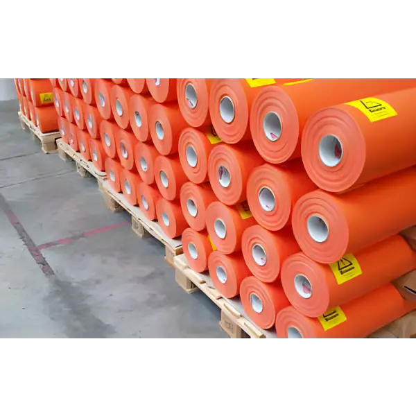 Pallet of orange plastic rolls for Protech VOC Flex Starter Band product display