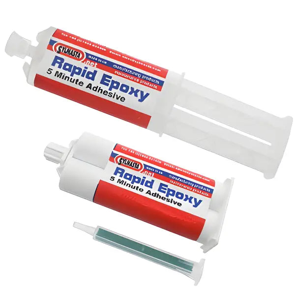 Two tubes of Rapid 5 Minute Epoxy Adhesive with mixing applicator displayed together