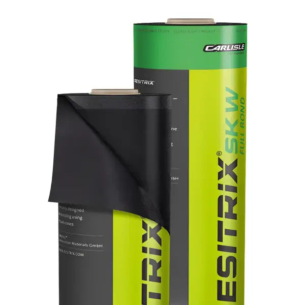 Rolls of black and green RESITRIX SK W Full Bond roofing membrane displayed together