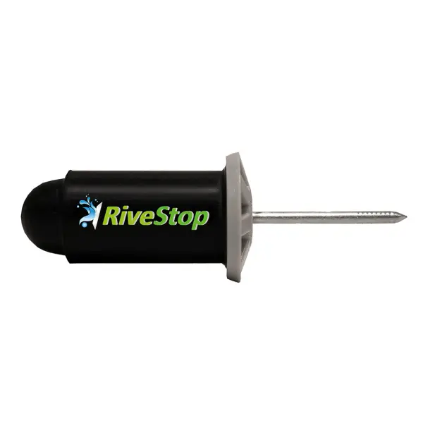 Black RiveStop tool with a metal nail for RiveStop Tie-Bolt Hole Waterproofing