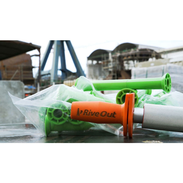 RivePipe – A removable, reusable and recyclable formwork tube that protects tie bars within the concrete, and once removed leaves a clean, uniform tie hole. RiveOut – The manual extraction tool for easily removing RivePipe tubes from concrete walls in a matter of seconds. RiveStop – A patented rivet system that is quickly and easily installed, expanding to 50% of its original diameter to hermetically seal any tie-bolt holes left by the RivePipe.