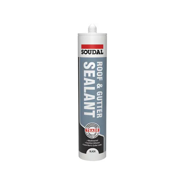 White tube of Soudal Roof & Gutter Sealant for waterproofing and repairs