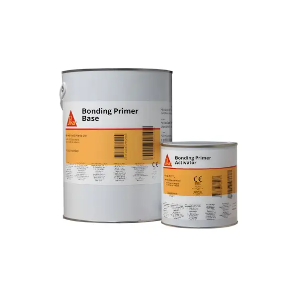 Two cans of Sika Bonding Primer featuring base and activator components