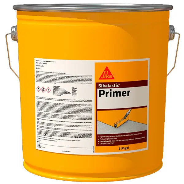 Yellow bucket of Sikalastic Primer for Sika Metal Primer 5L Grey construction coating