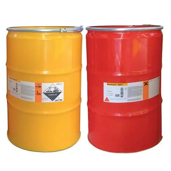 Two industrial chemical storage drums in yellow and red for Sika Sikalastic 851