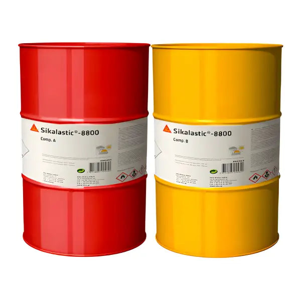 Two labeled industrial drums, red and yellow, containing Sika Sikalastic-8800 403KG