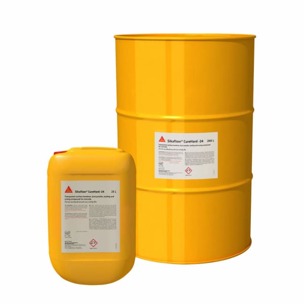 Yellow industrial containers in Sikafloor CureHard-24 product display