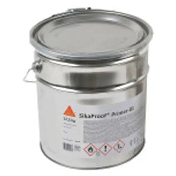 Metal paint container with hazard symbols and Sika label for Sikalastic Primer - 01