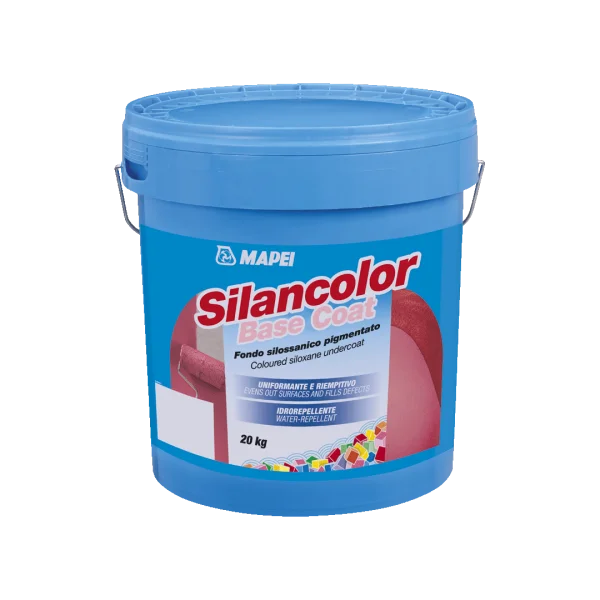 Mapei Silancolor Base Coat 20kg coloured siloxane undercoat in blue plastic bucket for exterior and interior wall protection and finishing