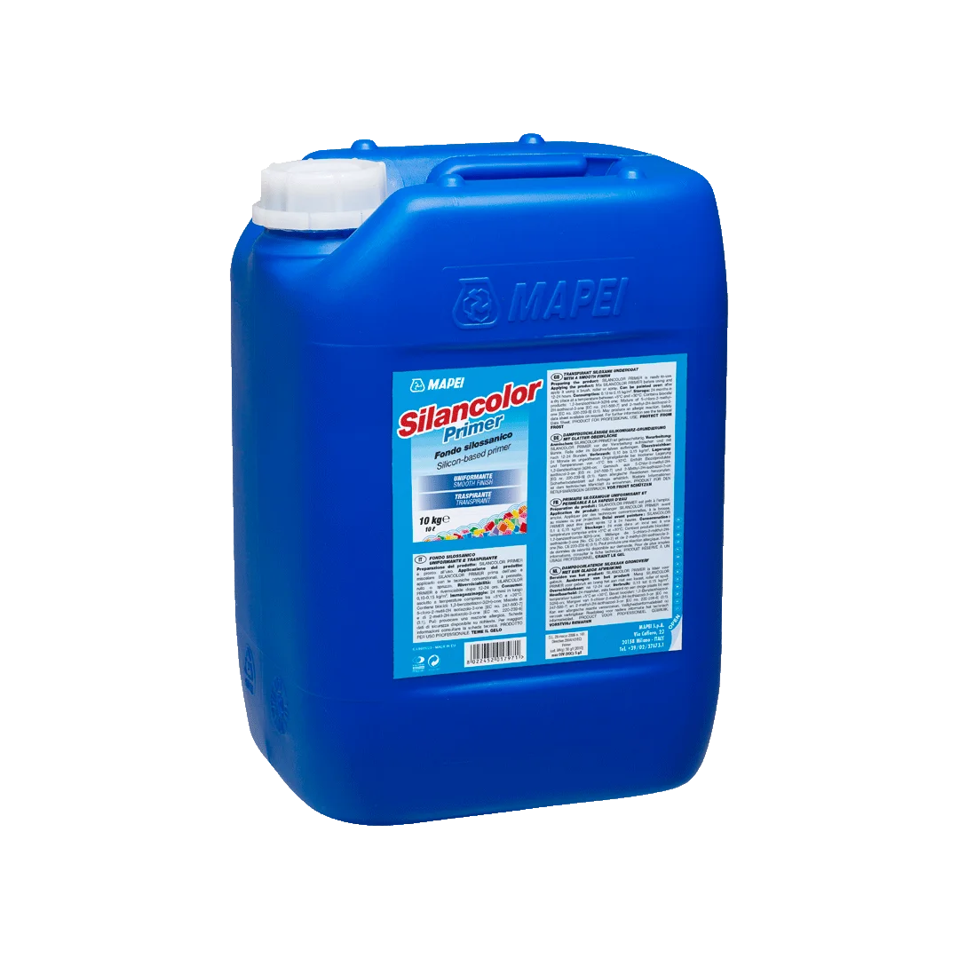 "SILANCOLOR PRIMER transpirant siloxane undercoat with a smooth finish, designed for both internal and external surfaces, enhancing adhesion and breathability."