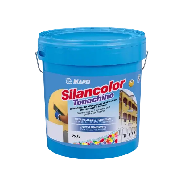 Mapei Silancolor Tonachino 25kg siloxane plaster for interior and exterior walls, breathable and water-repellent decorative wall finish in blue bucket