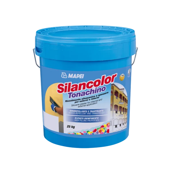 Mapei Silancolor Tonachino 25kg siloxane plaster for interior and exterior walls, breathable and water-repellent decorative wall finish in blue bucket