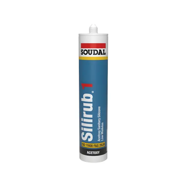 White and blue Soudal Silirub 1 silicone sealant cartridge with red accents