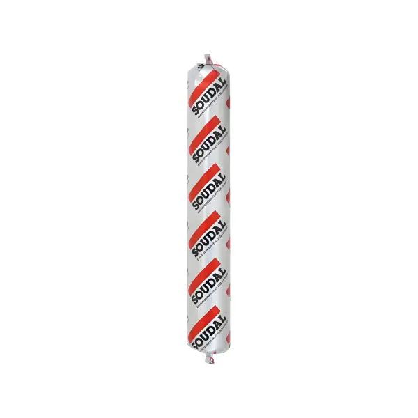 Soudal Silirub 2 sealant tube featuring diagonal red and white stripes