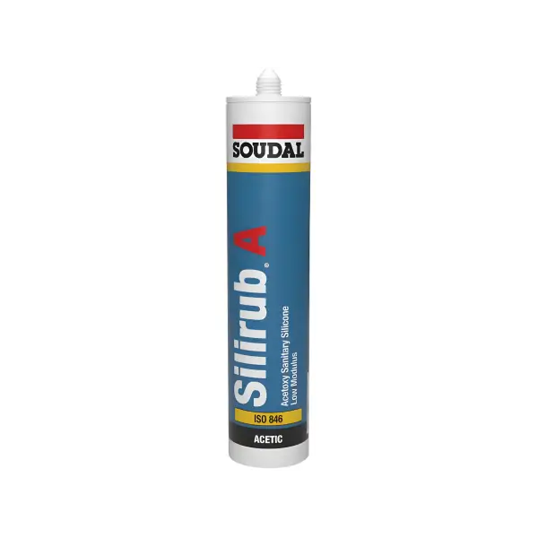 White Soudal Silirub A sealant tube with red and blue labeling displayed prominently