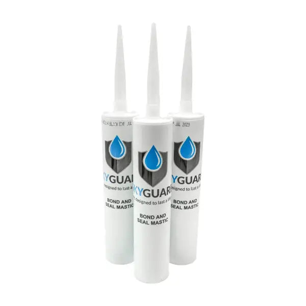 Three white caulking tubes featuring blue water drop logos for Skyguard Bond & Seal Mastic