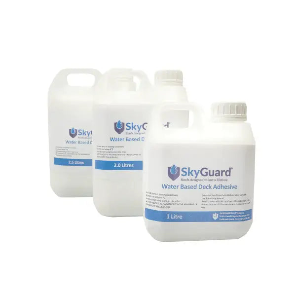 White plastic containers of SkyGuard Water-Based PVA Adhesive for deck installation