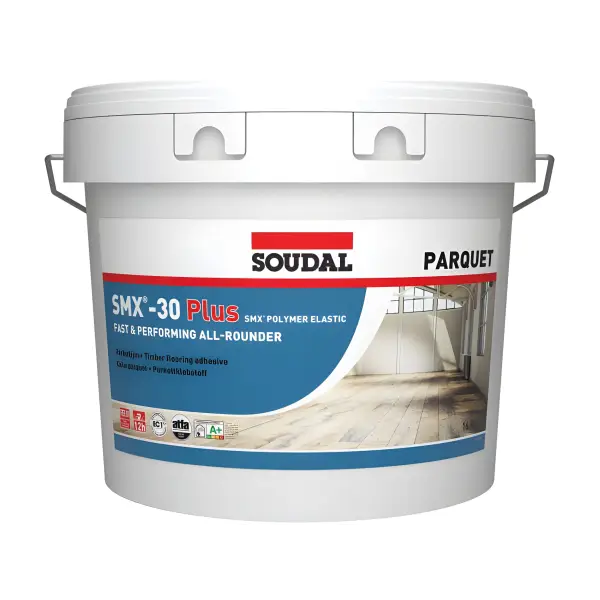 White plastic bucket of Soudal SMX-30 Plus Parquet Adhesive for flooring applications