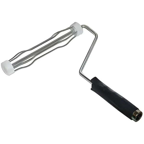 Paint roller with metal frame and black plastic handle for solvent resistant applications