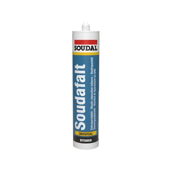 White Soudal sealant tube with red and blue labeling, labeled Soudafalt