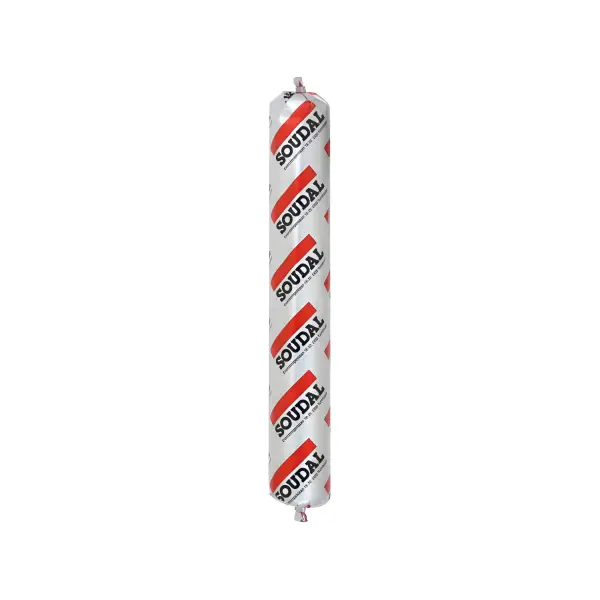 Cylindrical tube of Soudaflex 36FL sealant in red and white striped packaging