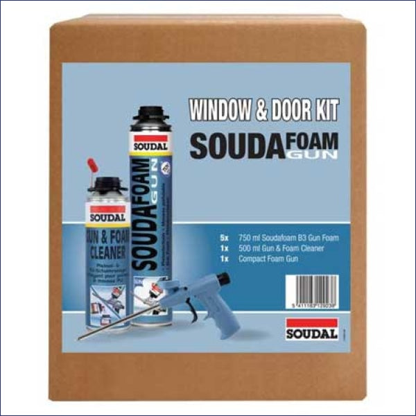 oudafoam Gun Window and Door Combi-Box contains 10 units of 750ml Soudafoam Window & Door, Compact Foam Applicator Gun and 500ml Foam & Gun Cleaner.