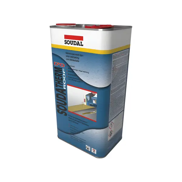 Metal container of Soudal Soudatherm Roof 170 with blue and white packaging design