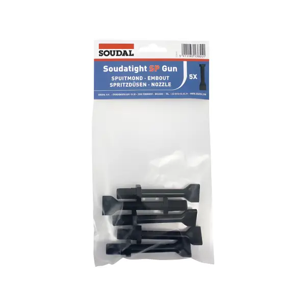 Five black Soudatight SP Gun nozzles in clear plastic packaging for Soudatight SP Applicator Gun
