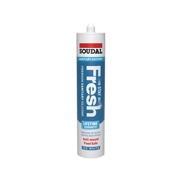 White Soudal Fresh silicone sealant tube labeled Stay Fresh Acetoxy in red and blue