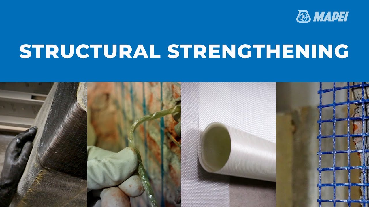 Structural strengthening collection with Mapei FRP systems, adhesives, meshes, and mortars for seismic retrofit, masonry repair, and concrete reinforcement.