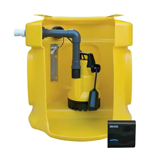 Yellow Sumpflo Pump Kit with black control unit and 50mm rubber seal for effective drainage