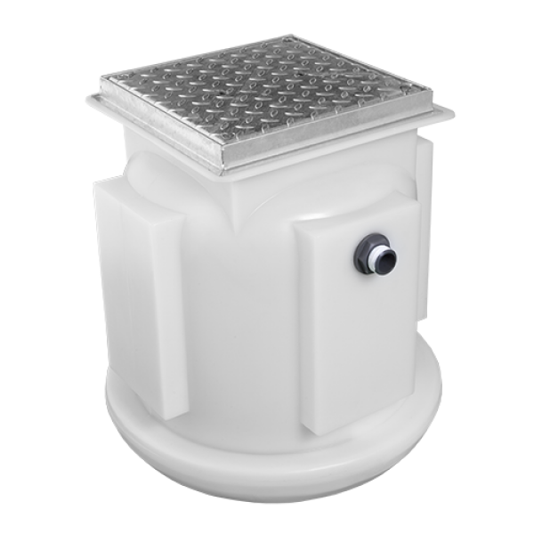 White plastic grease interceptor with metal grate designed for SumpFlush system