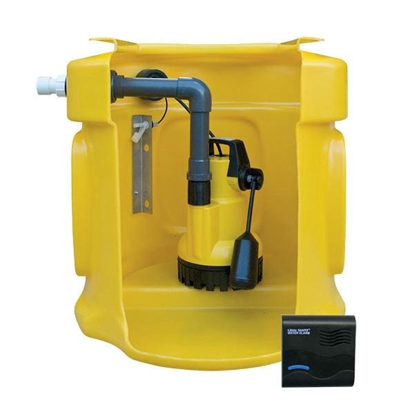 Yellow SumpFlush Pump system displayed with Pipework Kits A and B for drainage solutions