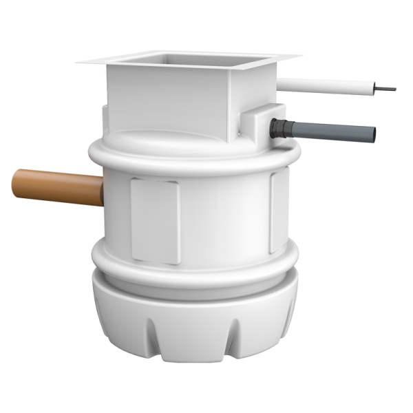 White plastic grease trap with pipes for SumpFlushHP Twin 650-1000 system