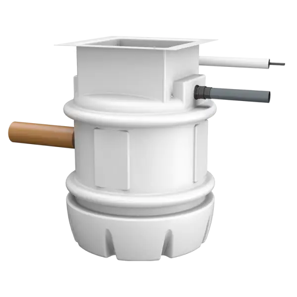 White plastic grease trap with pipes for SumpFlushHP Twin 650-1000 system