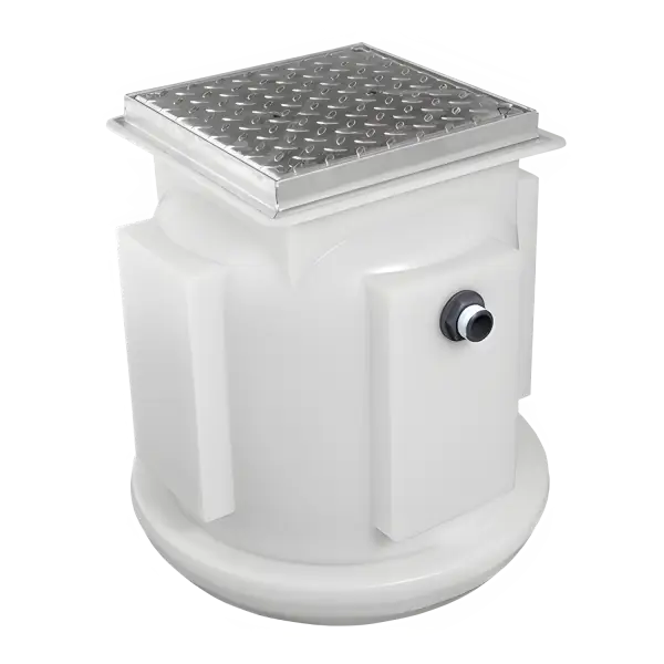 White plastic grease interceptor with metal grate for SumpFlushHPTwin installation